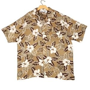 Island‎ Shores Mens XL Brown Tropical Hibiscus Floral Camp Aloha Shirt RN 101760